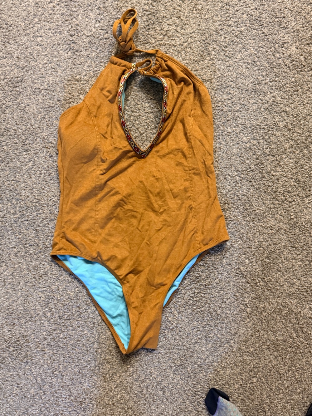 Women’s One-Piece Swim Suit in Mustard with Light Blue Lining
